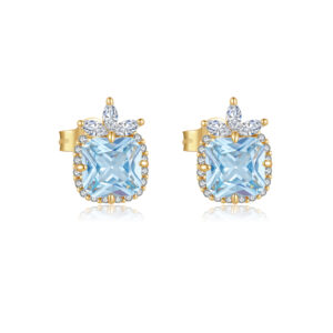 925 Sterling Silver Square-Cut Light Blue CZ Halo Stud Earrings with Marquise CZ Accents-MME1288