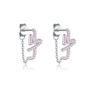 925 Sterling Silver Half Heart Pink CZ Huggie Earrings with Chain Drop-MME1294