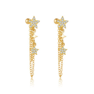 925 Silver Gold-Plated Triple Star & Tassel Chain Drop with Clear CZ Huggies Earrings-MME1253