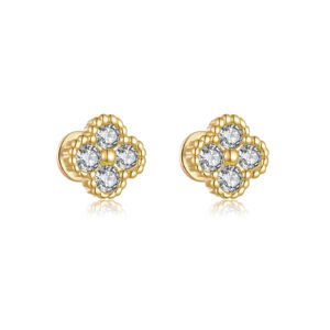 925 Sterling Silver Bezel-Set Four-Leaf Clover Clear CZ Stud Earrings with Beaded Edge,-MME1283