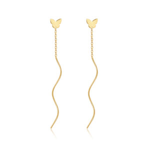 925 Sterling Silver Gold-Plated Butterfly Drop Earrings with Wavy Chain-MME1299