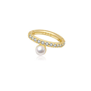 925 Sterling Silver Gold-Plated Huggie with Row of Round CZ & Pearl Drop Earrings-MME1305