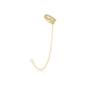 925 Silver Gold Double Row Pave CZ Ear Cuff with Chain Drop Earrings-MME1321