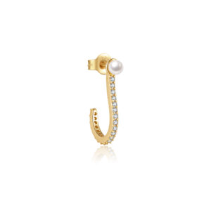 925 Sterling Silver Gold-Plated J-Shape Huggie with Round Pearl & Row of Round CZ  Stud Earrings-MME1304