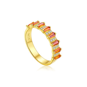 925 Silver 18K Gold-Plated Orange Rectangle & White Round CZ Band Ring-MMR442