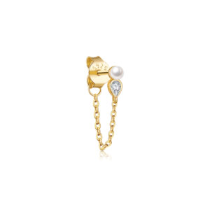 925 Sterling Silver Gold-Plated Pearl & Pear CZ with Chain Stud Earrings-MME1303