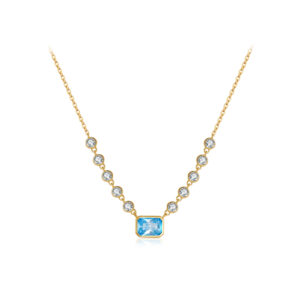925 Silver Gold-Plated CZ Station Necklace Set, Blue Emerald-Cut & Pink Oval-MMN707
