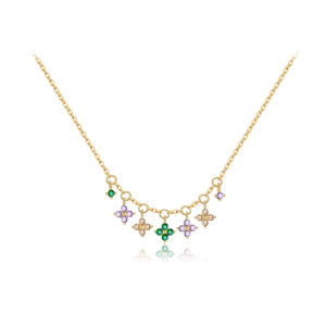 925 Silver Gold-Plated Multi-Color CZ Four-Leaf Clover Pendant Necklace-MMN711