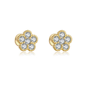 925 Sterling Silver Bezel-Set Flower Clear CZ Stud Earrings with Scalloped Edge-MME1282