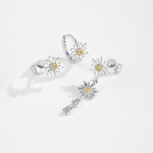 925 Sterling Silver Daisy Earring Set with Yellow CZ Center, Includes Stud, Drop & Huggie Styles,-MME1296